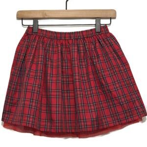 Lands’ End Kids Red Black Plaid Tiered Tulle Mini Skirt Size 7 Holiday Preppy